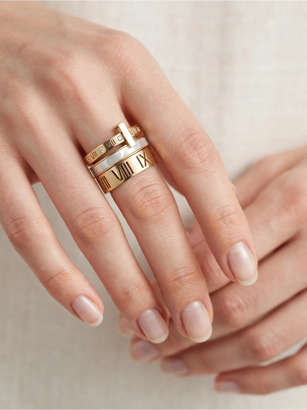 Gold Roman Numeral Multi-Band Ring with Crystals
